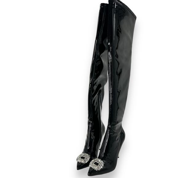 NEW INC International Concepts Patent Thigh High Stiletto Boots Size 7 Black - Picture 1 of 10